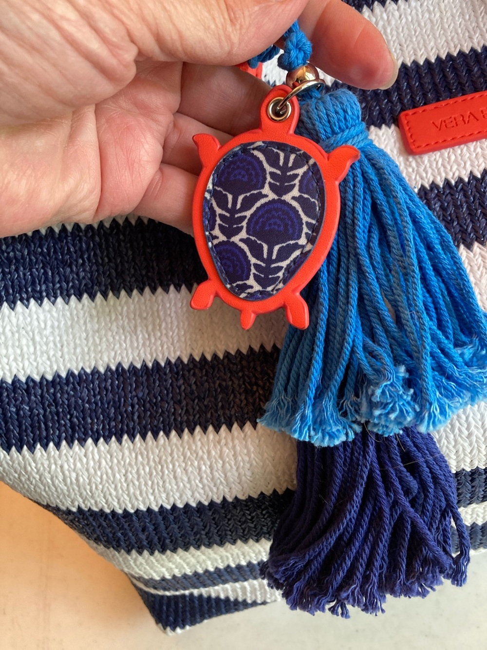 Vera Bradley Navy and White Striped Tote with Orange Trim and Tassel - Picture 3 of 11